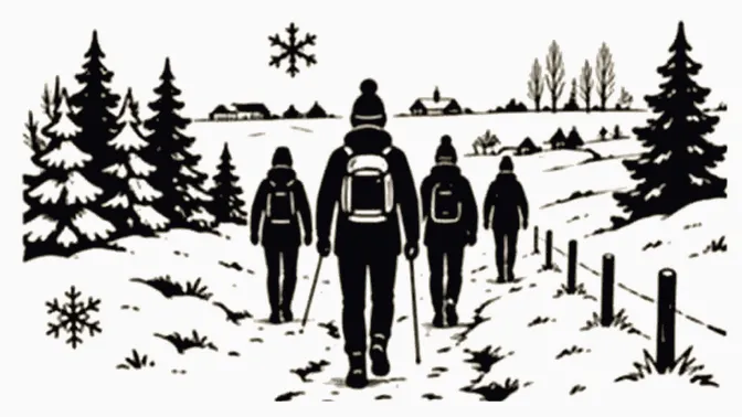 Illustratie van wandelaars op een besneeuwd pad tussen dennenbomen