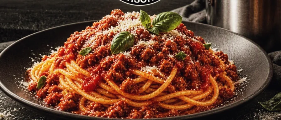 Bord spaghetti met zelfgemaakte bolognesesaus